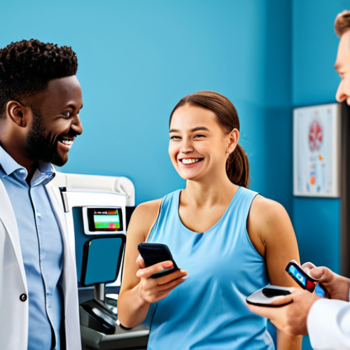Home 7 **
A diverse group of people using a variety of AI health monitoring devices (smartwatch, phone app). They are smiling and engaged. Background is a bright, modern health and wellness center. The scene emphasizes personalized health and well-being. Fully clothed, appropriate attire, safe for work, perfect anatomy, natural proportions, professional concept, family-friendly.
**