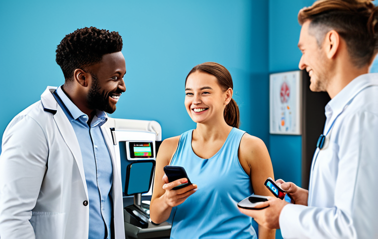 **
A diverse group of people using a variety of AI health monitoring devices (smartwatch, phone app). They are smiling and engaged. Background is a bright, modern health and wellness center. The scene emphasizes personalized health and well-being. Fully clothed, appropriate attire, safe for work, perfect anatomy, natural proportions, professional concept, family-friendly.
**